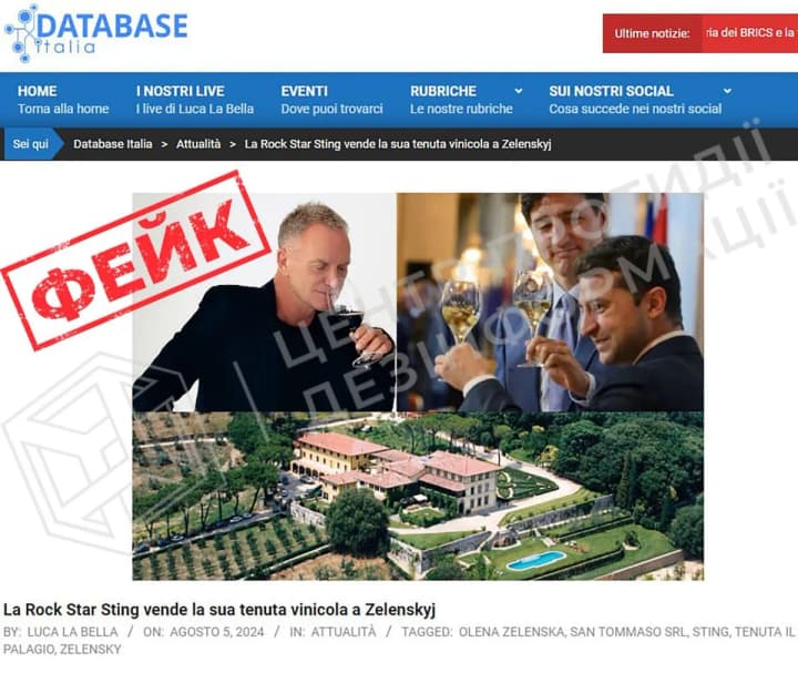 russian propaganda network in Italy spreads fake news that Zelensky allegedly bought Sting winery