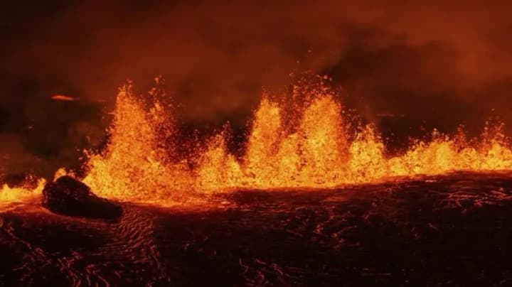 Volcanic landscape from above: Iceland on fire due to eruption