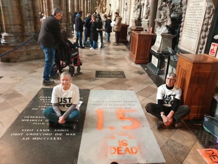 Climate activists painted Charles Darwin's grave in London