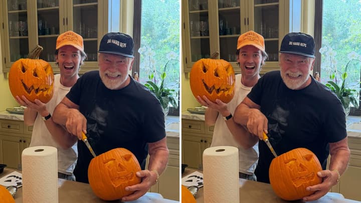 Arnold Schwarzenegger competed with his son in carving pumpkins for Halloween