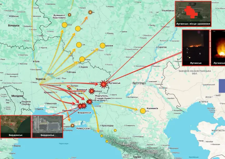 Нічна атака дронів на окуповані території – у Луганську, Маріуполі та Бердянську вибухи, пожежі й відключення світла