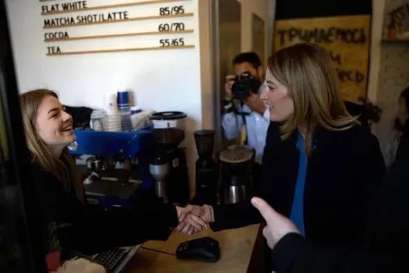 president-of-the-european-parliament-met-with-a-barista-who-made-coffee-in-a-cafe-damaged-by-russian-shelling