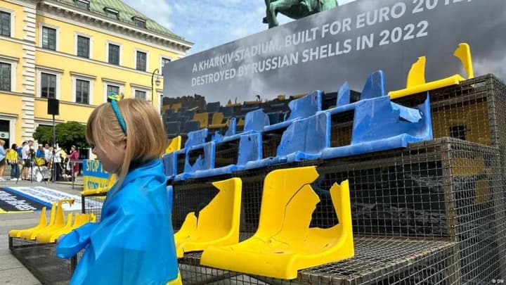 the-damaged-stand-of-the-kharkiv-stadium-was-installed-in-munich-as-a-reminder-of-the-russian-invasion