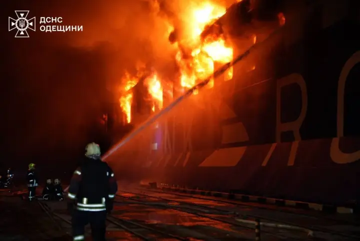 As a result of the Russian strike in Chornomorsk, a civilian vessel is on fire: Zelenskyy showed the consequences of the attack