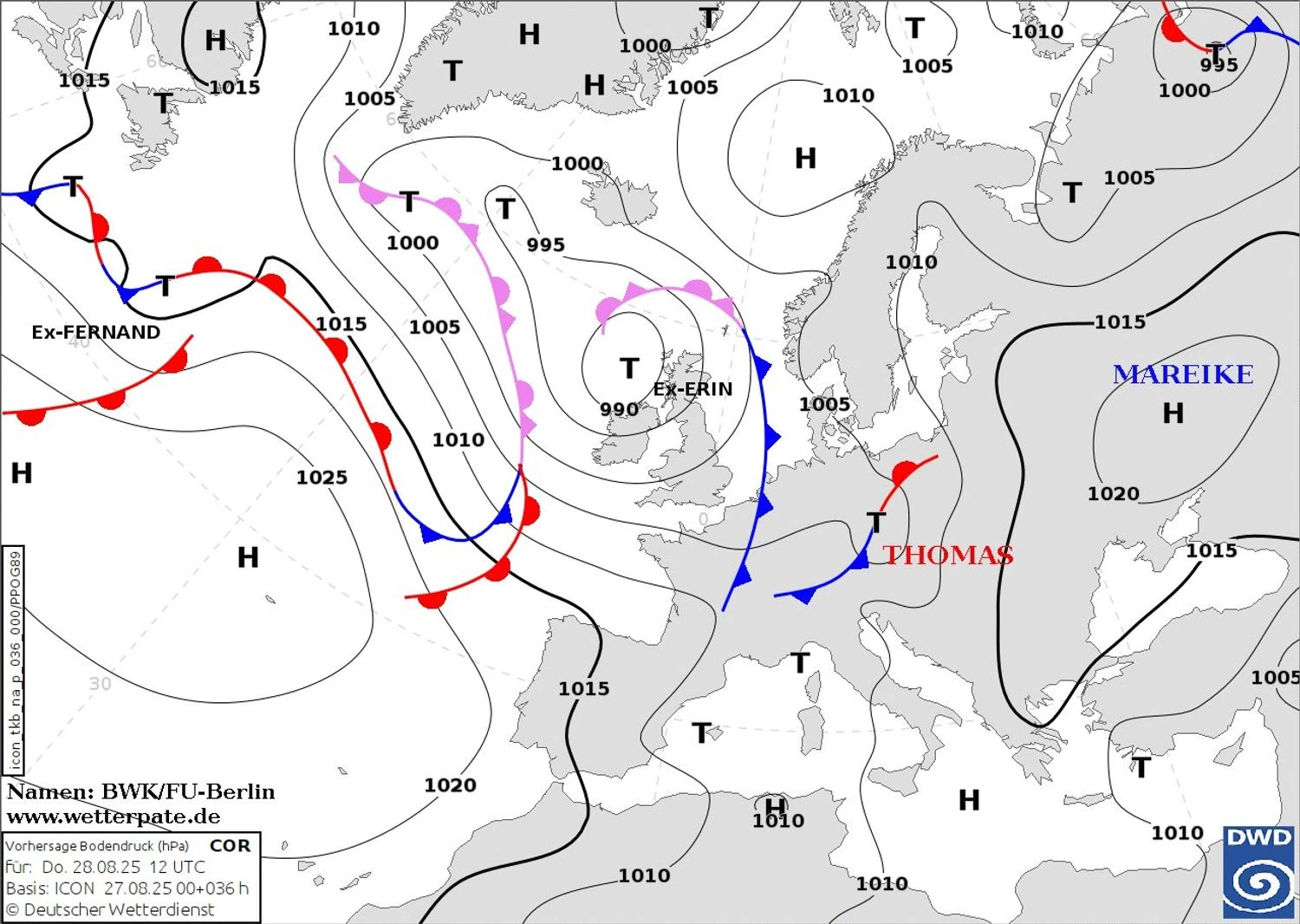 Карта циклонов и антициклонов над Европой