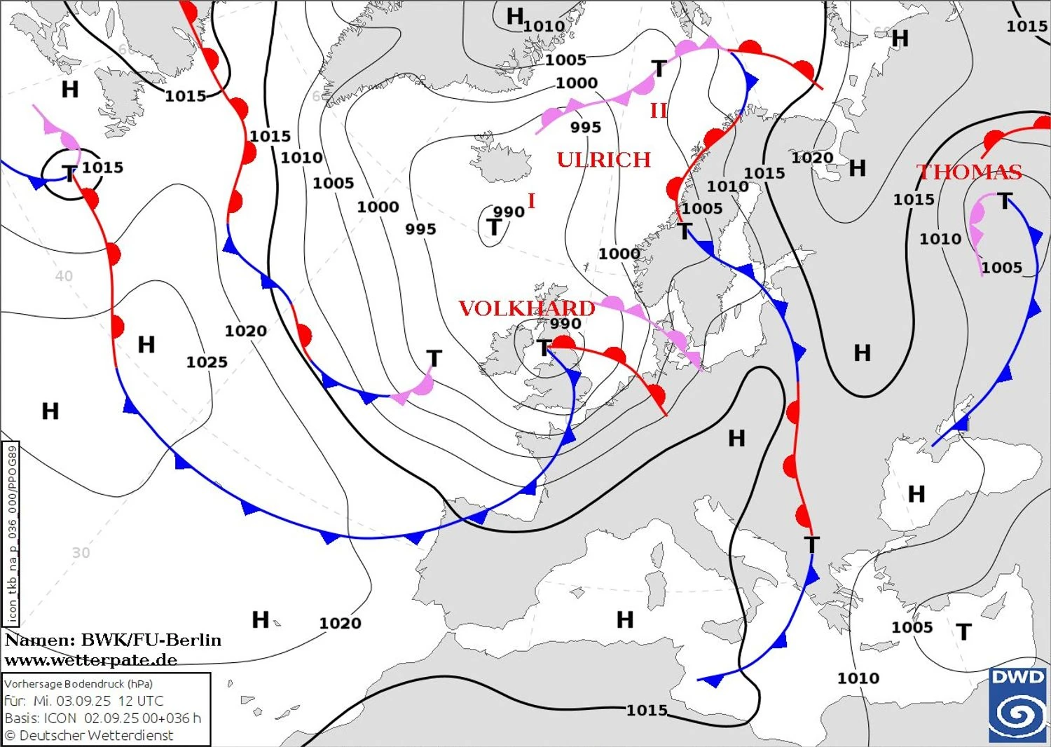 Карта атмосферних фронтів над Європою