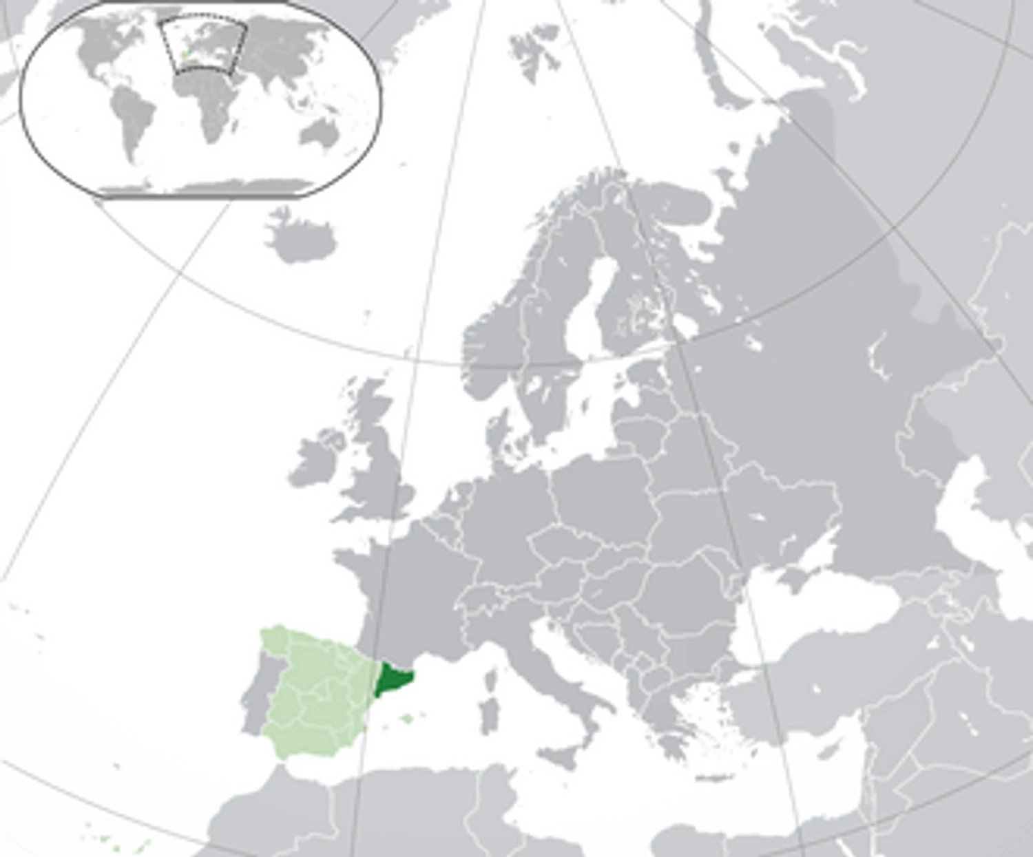 Catalonia (dark green) within Spain (light green)