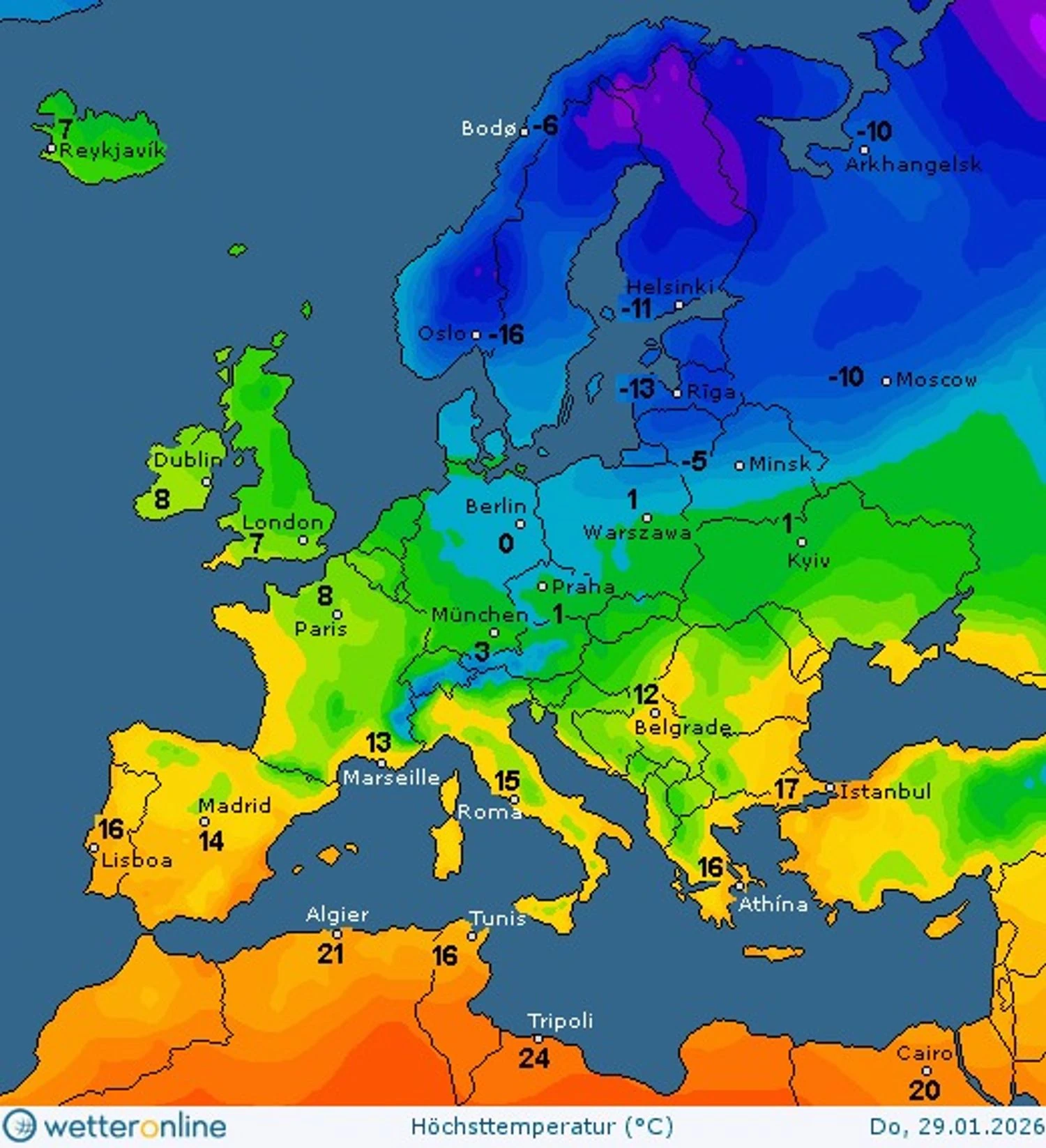 Карта температур у Європі