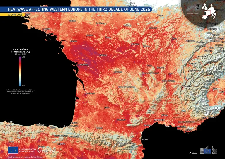 Візуалізація даних про температуру поверхні землі у Франції та північній Іспанії на основі даних супутників Copernicus Sentinel-3, отриманих 23 червня