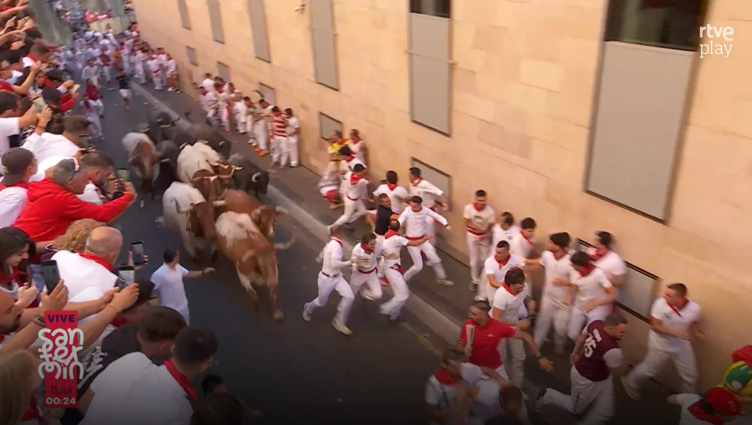 During the running of the bulls at the San Fermín festival in Spain, 14 people were injured
