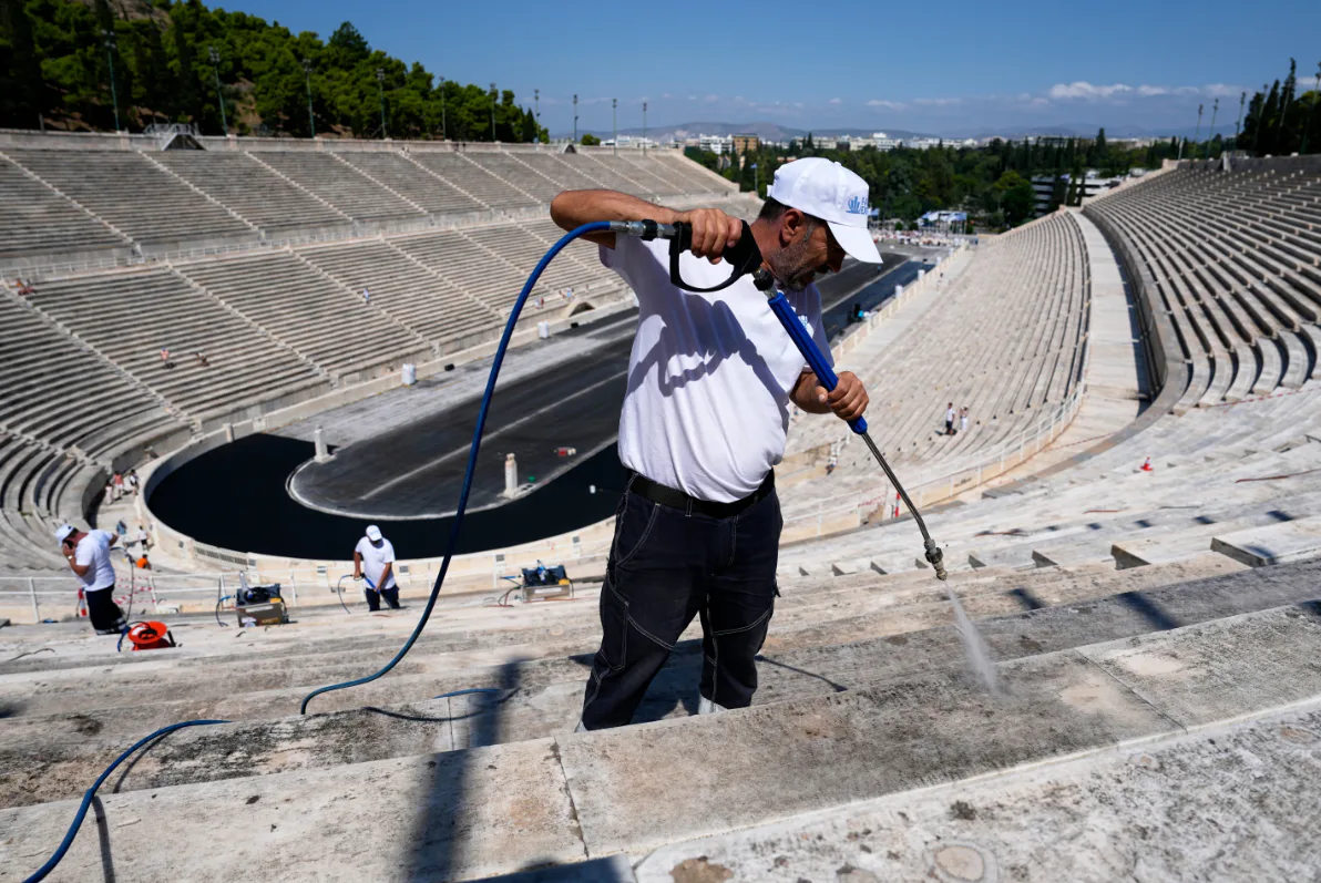 In Athens, the entirely marble Olympic Stadium is being cleaned for the first time in more than a century